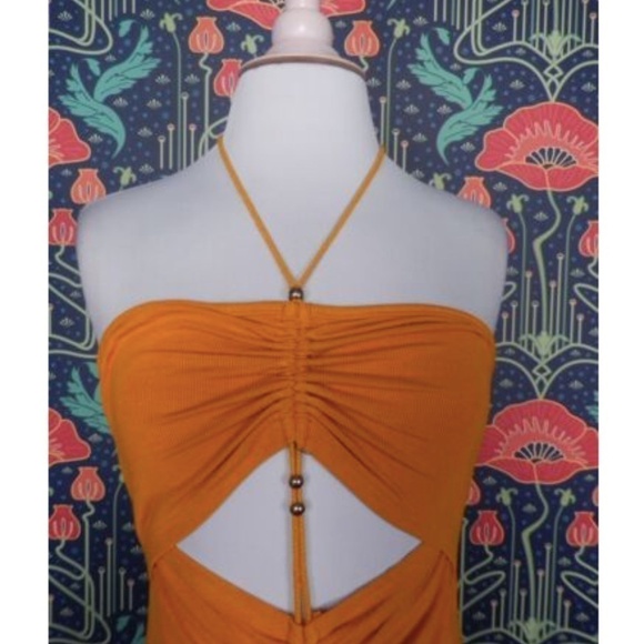 AmyLynn Mustard Yellow Orange Halter Knit Sexy Cut Out Vega Dress - Picture 3 of 7